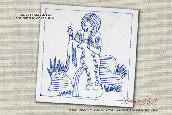 Female Working on a Quilt Redwork